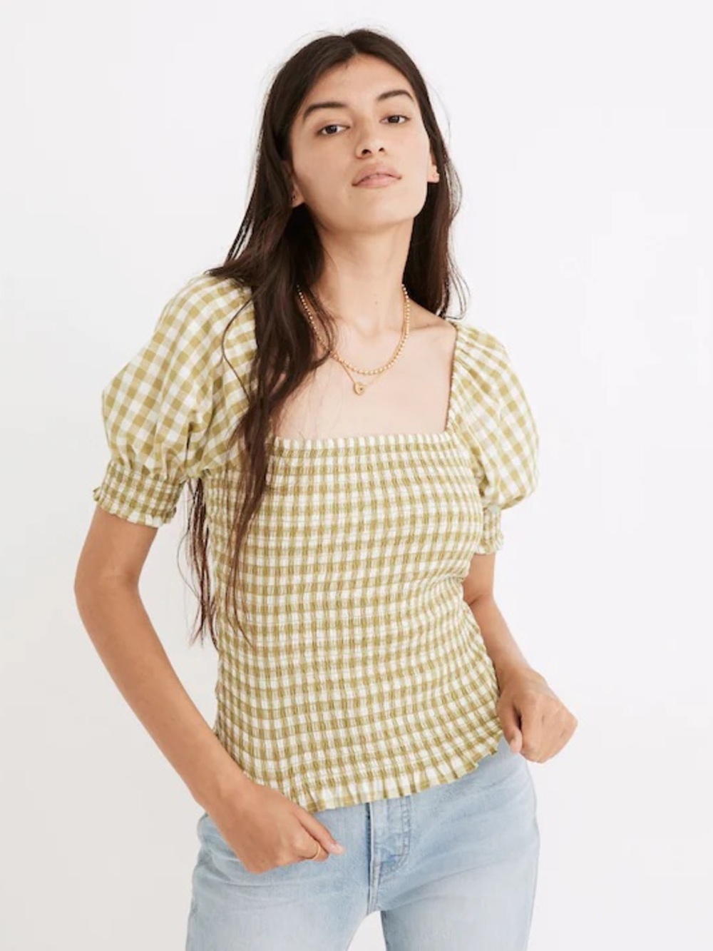 Madewell Olive & White Gingham Smocked Square-Neck Top